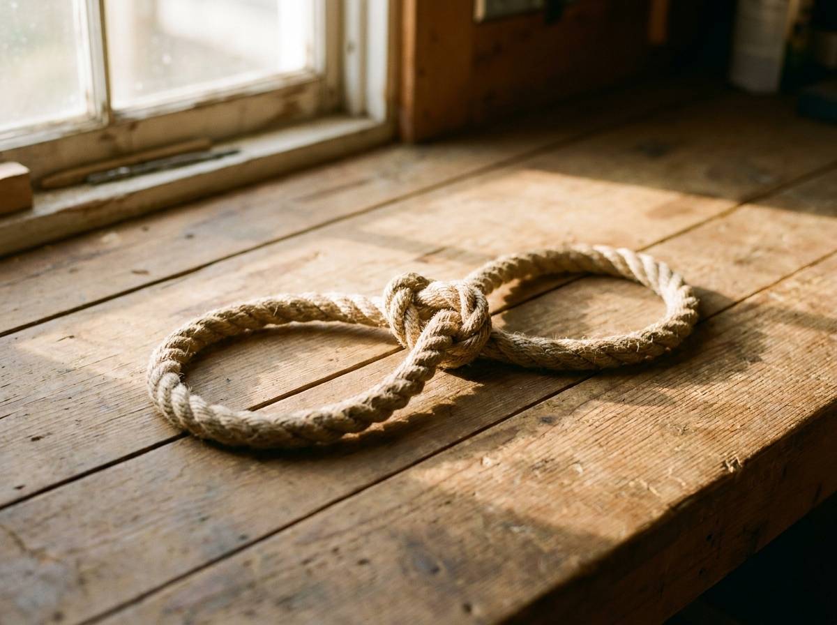 Lina zawiązana w kształt przypominający cyfrę osiem, leżąca na drewnianym blacie w porannym świetle