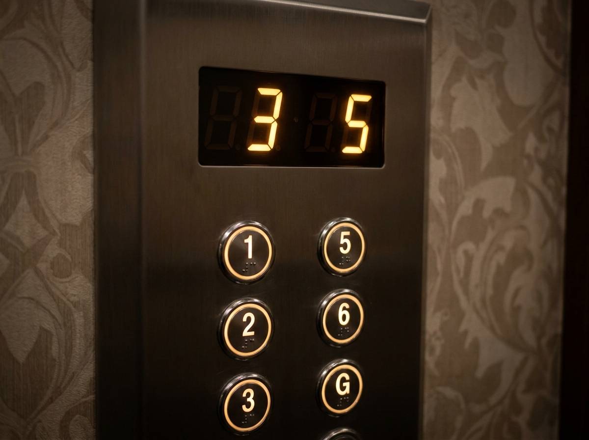Panel windy z numeracją pięter 3 i 5, bez oznaczenia czwartego piętra, w słabo oświetlonym hotelowym korytarzu wieczorem.