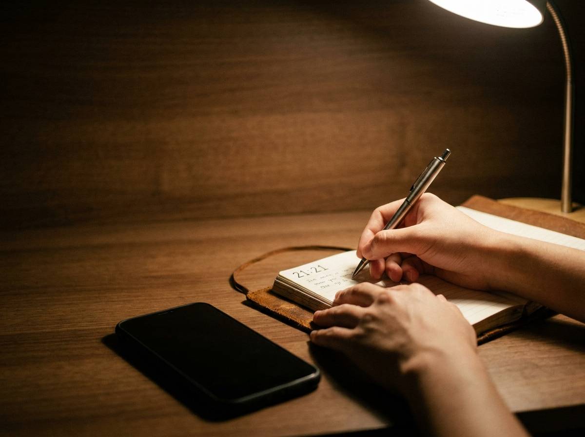 Dłonie zapisujące notatkę w dzienniku obok telefonu na biurku wieczorem