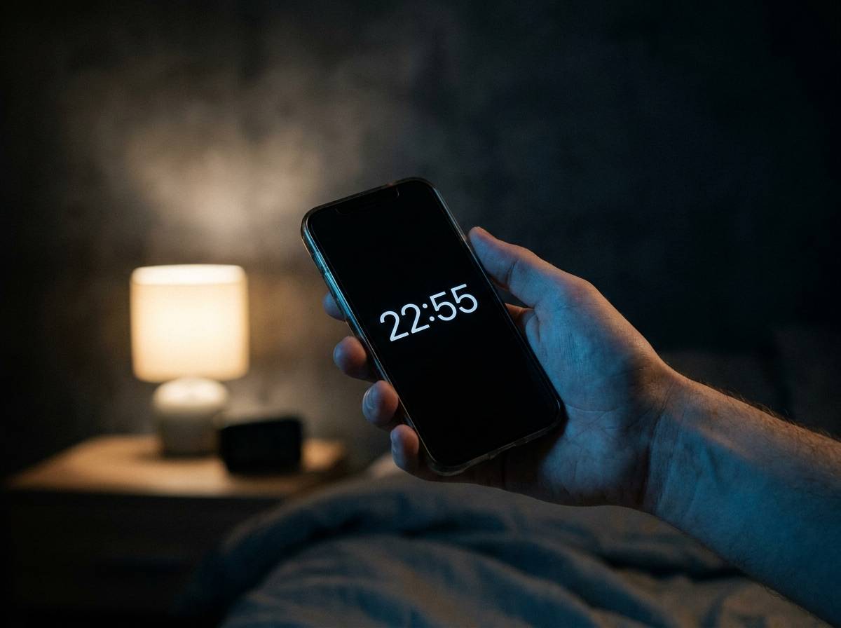 Dłoń trzymająca smartfon z widoczną godziną 22:55 na ekranie w wieczornym półmroku