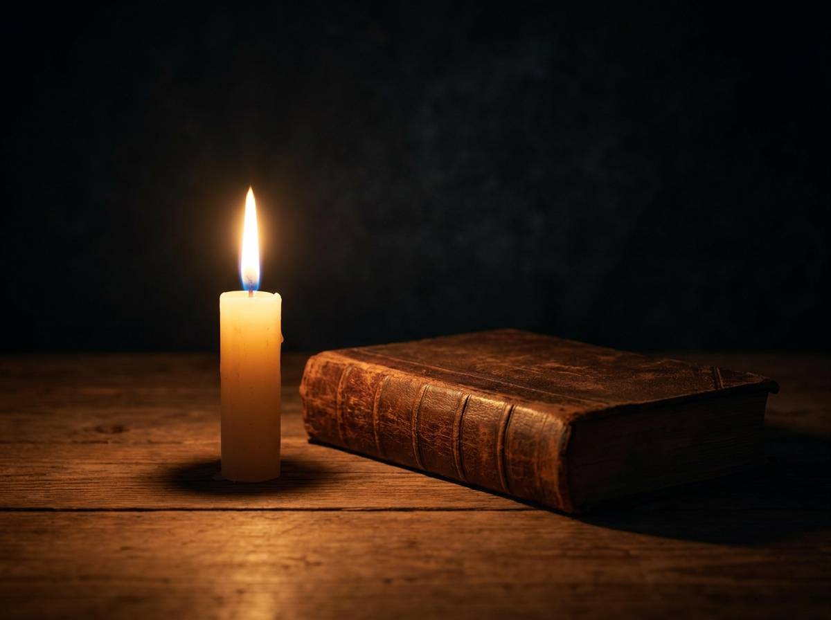 Płonąca świeca obok starej księgi w nocnym mroku, symbol duchowej opieki