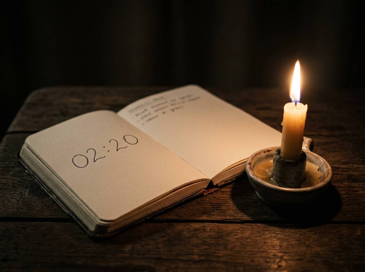 Świeca i notatnik na blacie w ciemnym pokoju podczas nocnej refleksji o godzinie 02:20