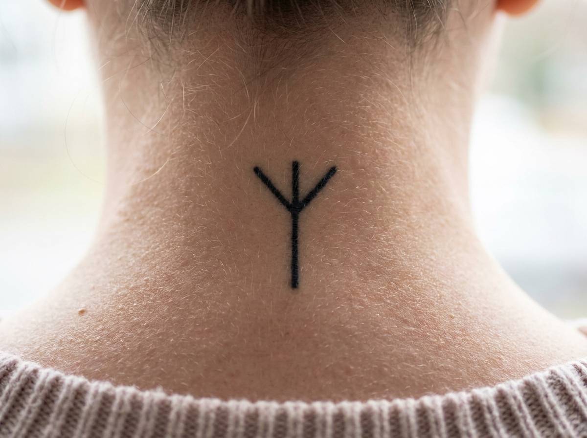 Tatuaż runy Algiz na karku, pojedynczy znak przypominający rozłożone ramiona