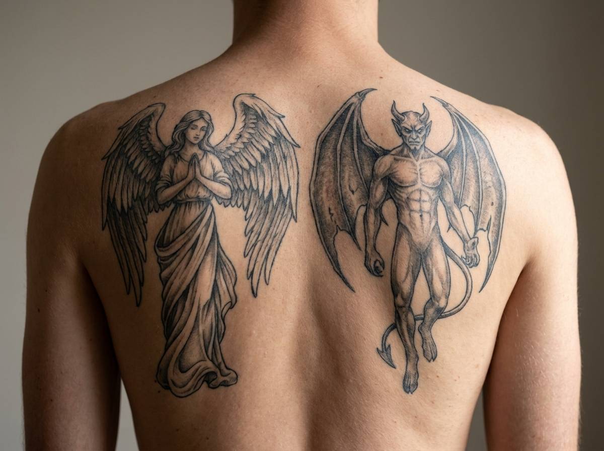 Symetryczny tatuaż anioła i demona na plecach, przedstawiający wewnętrzne rozdarcie między dobrem a złem