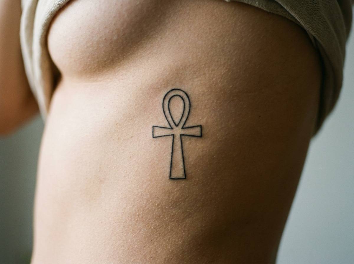 Tatuaż Ankh na żebrach, krzyż z charakterystyczną pętlą u góry
