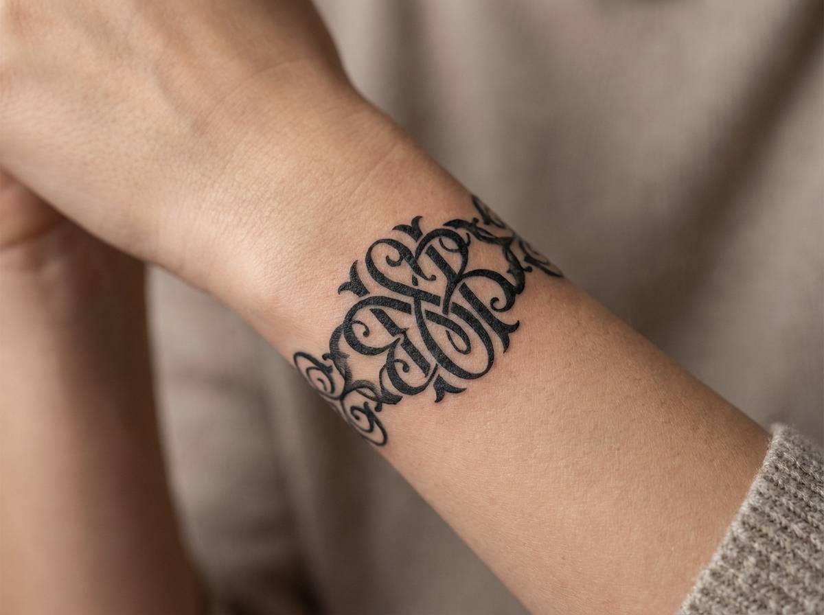 Tatuaż bransoletka ze stylizowanym monogramem wplecionym w opaskę na nadgarstku