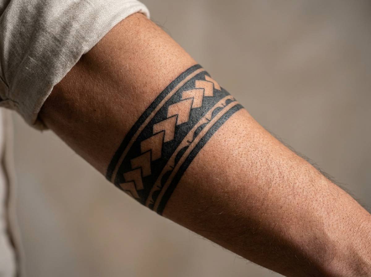 Tatuaż bransoletka w stylu tribal na przedramieniu z grubym czarnym wzorem