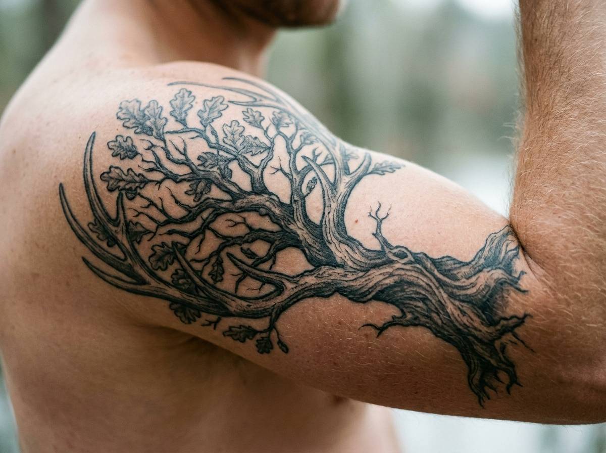 Tatuaż dębu z porożem jelenia na ramieniu, symbol siły i wytrwałości