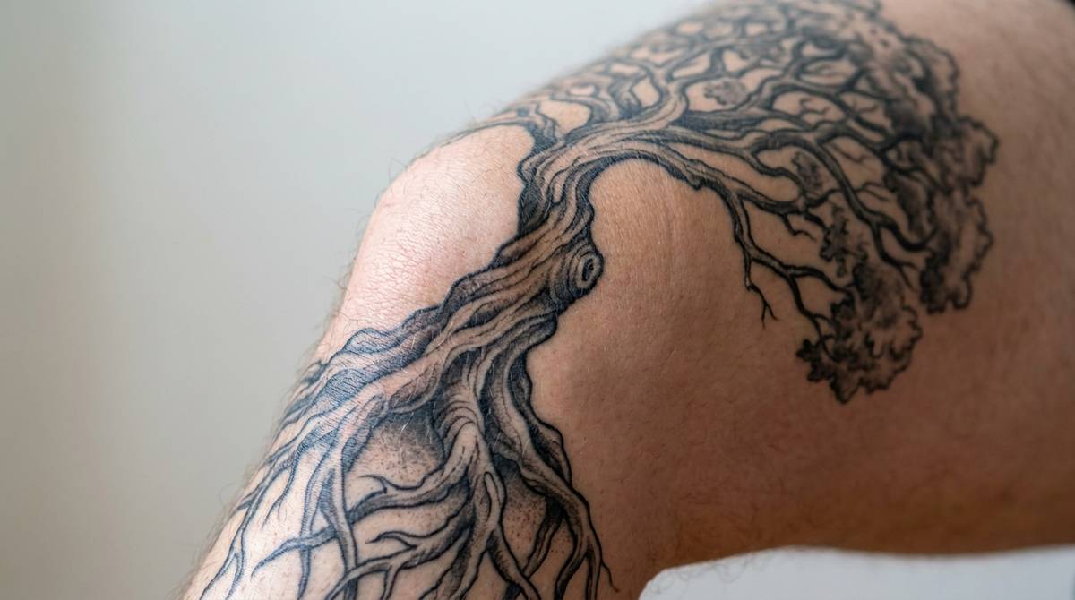 Tatuaż drzewa z korzeniami i koroną na kolanie, symbol życia i zakorzenienia