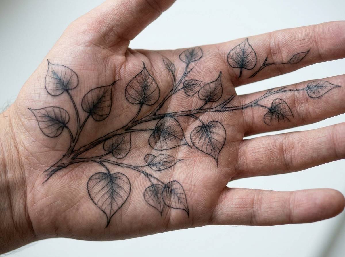 Tatuaż drzewa bodhi na dłoni, sercowate liście symbolizujące oświecenie