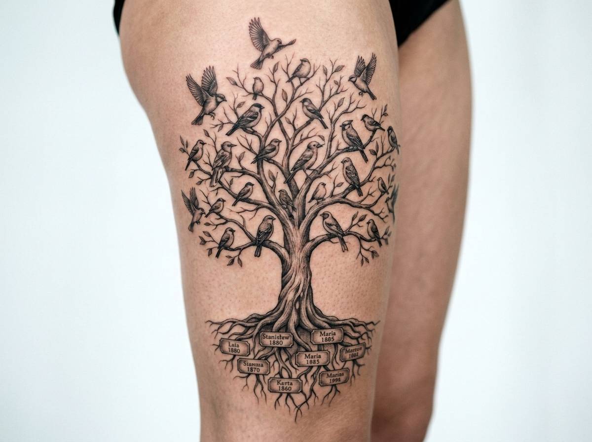 Tatuaż drzewa genealogicznego na udzie z ptakami symbolizującymi pokolenia