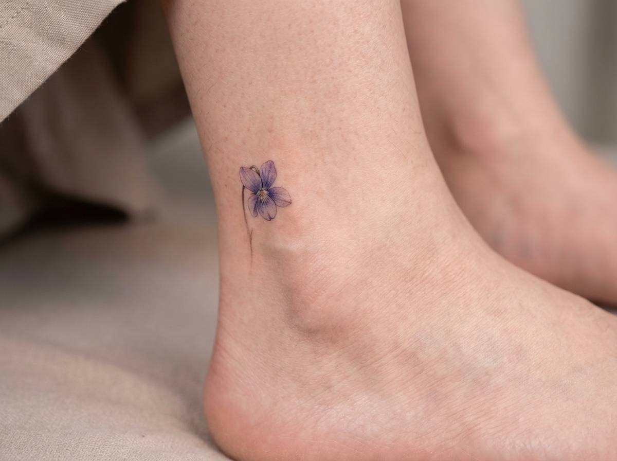 Mały fiołek wytatuowany na kostce, symbol skromności i wierności