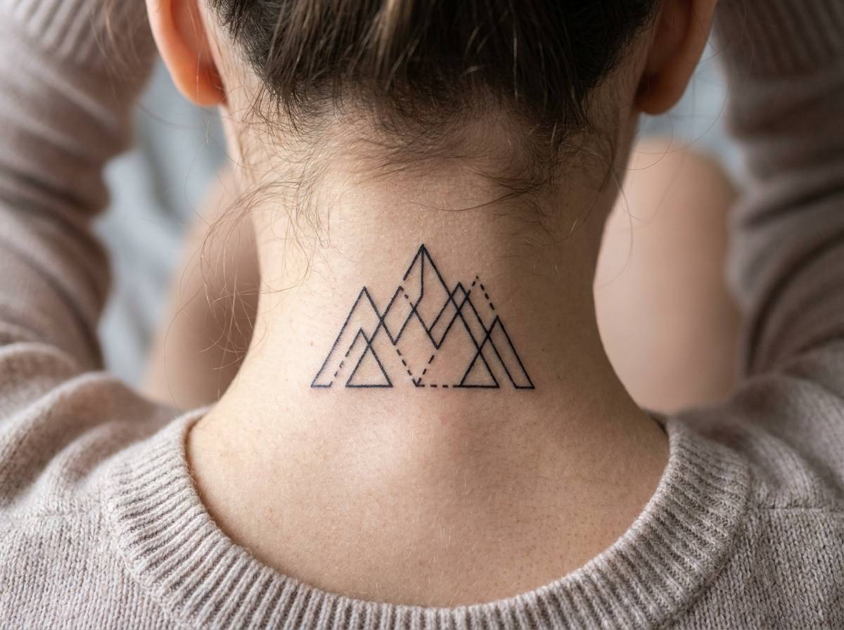 Tatuaż góry w stylu geometrycznym na karku, złożony z trójkątów i linii łamanych