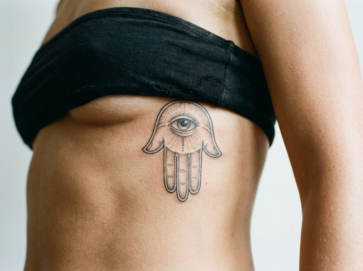 Tatuaż Hamsa na żebrach, otwarta dłoń z okiem na środku