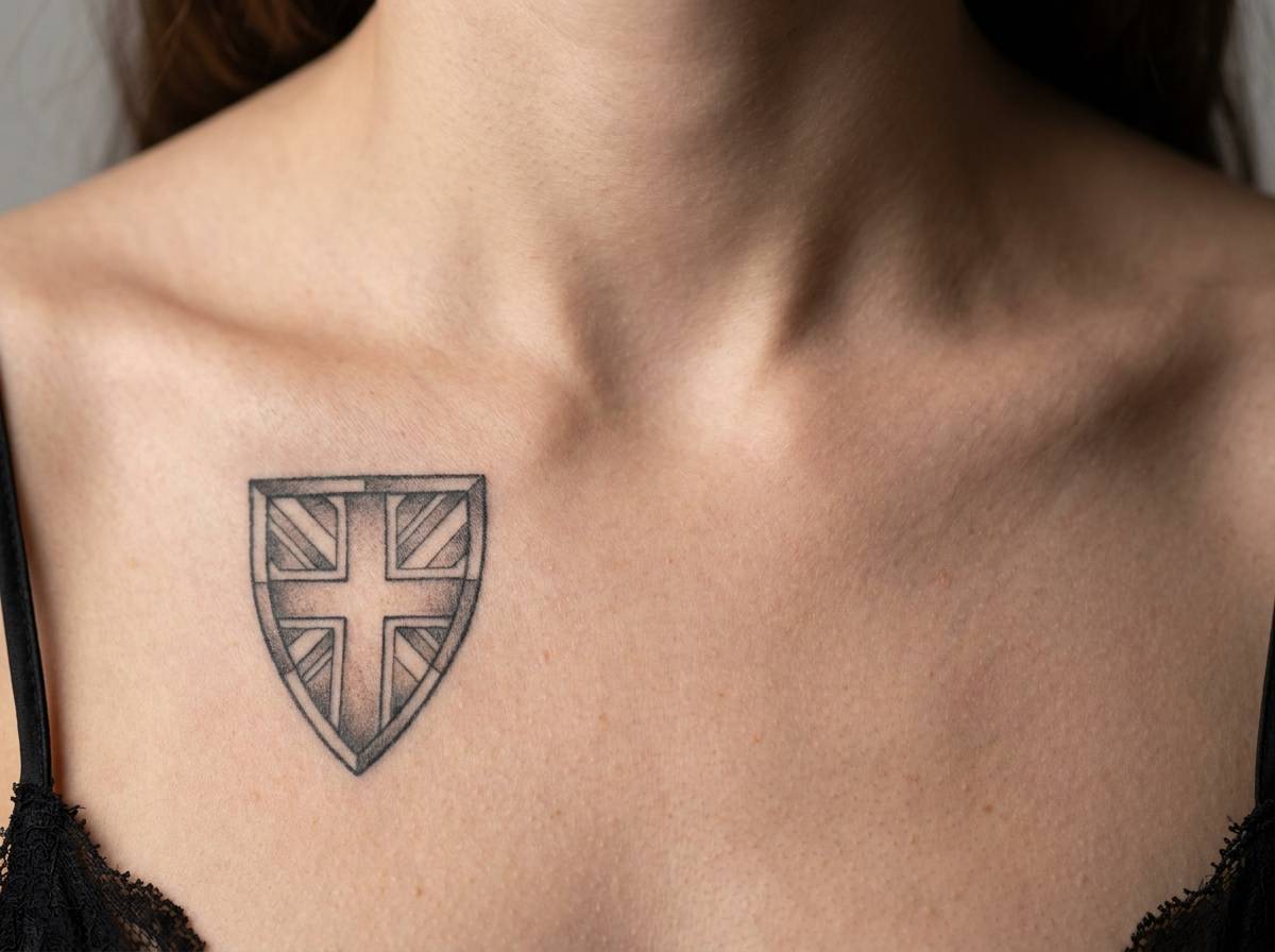 Tatuaż herb klubowy w stylu heraldycznym na obojczyku