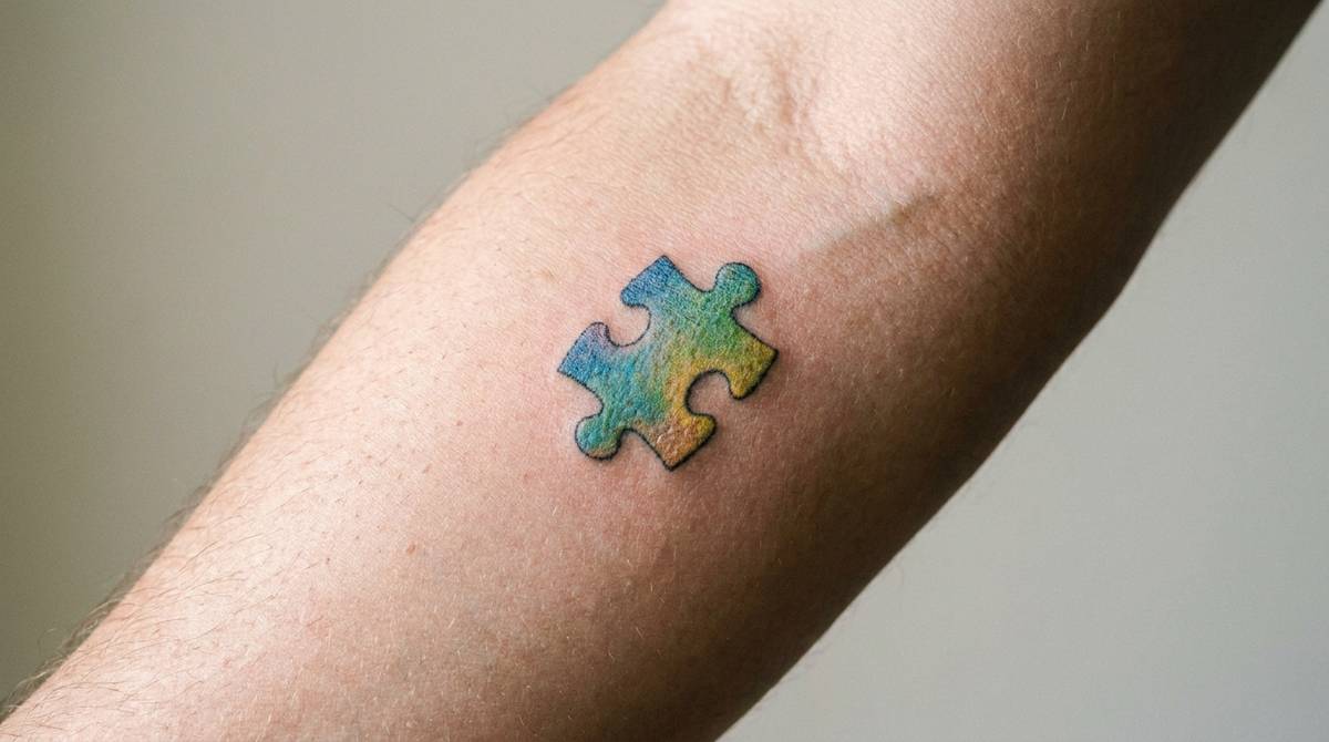 Klocek puzzle w formie pojedynczego kolorowego elementu układanki wytatuowany na przedramieniu.