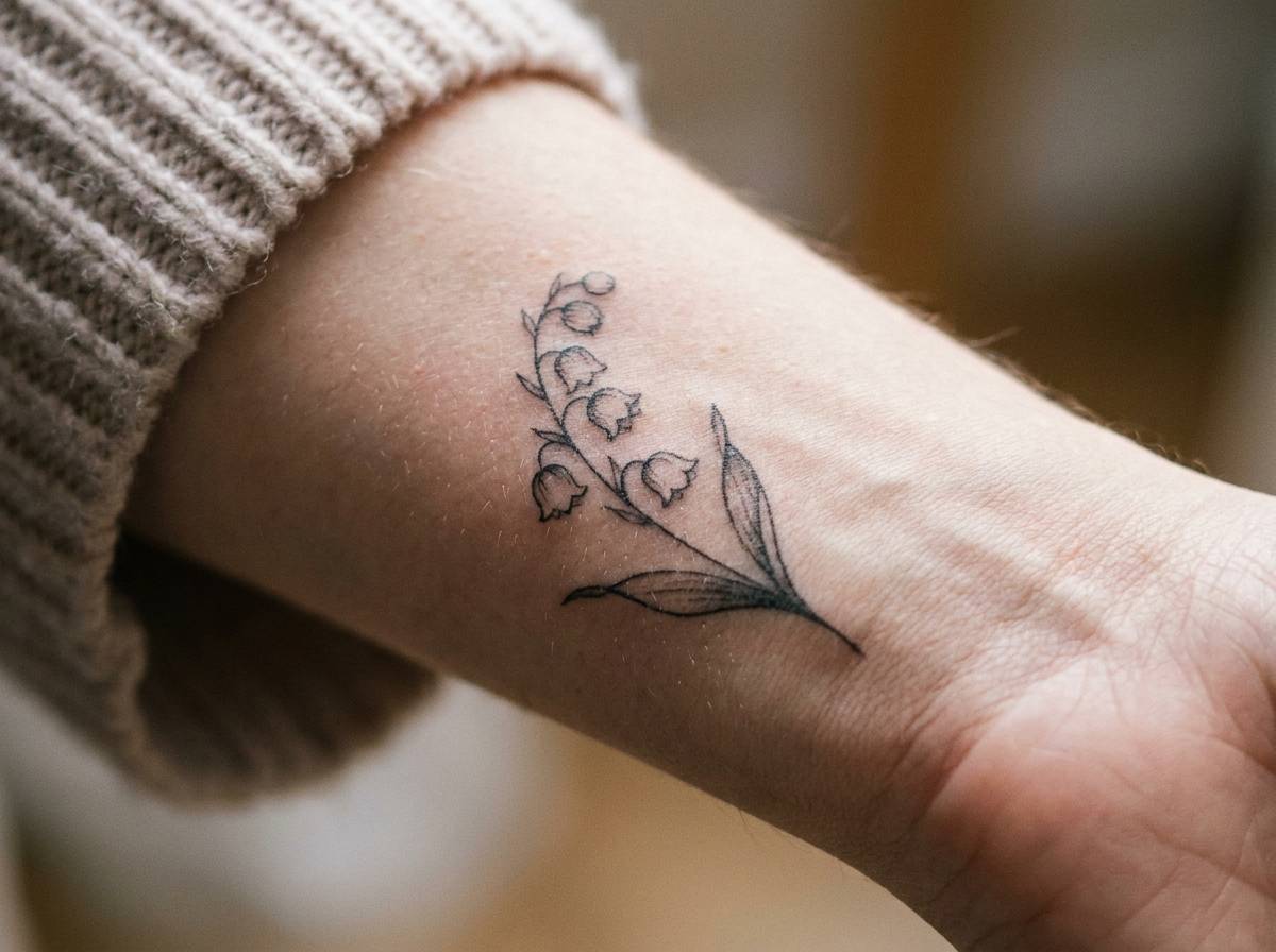 Delikatna konwalia wytatuowana na nadgarstku, symbol powrotu szczęścia
