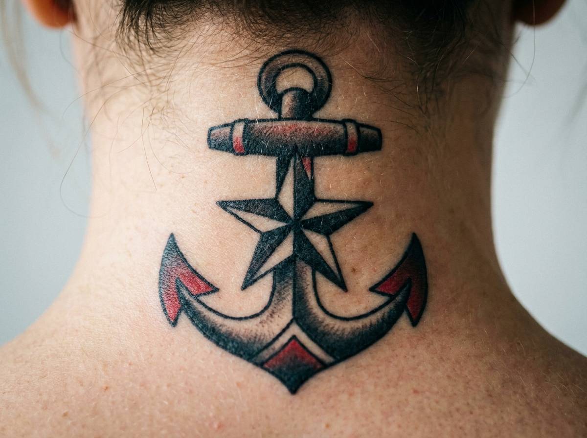 Kotwica z gwiazdą polarną na karku, symbol nawigacji i pewnego celu.