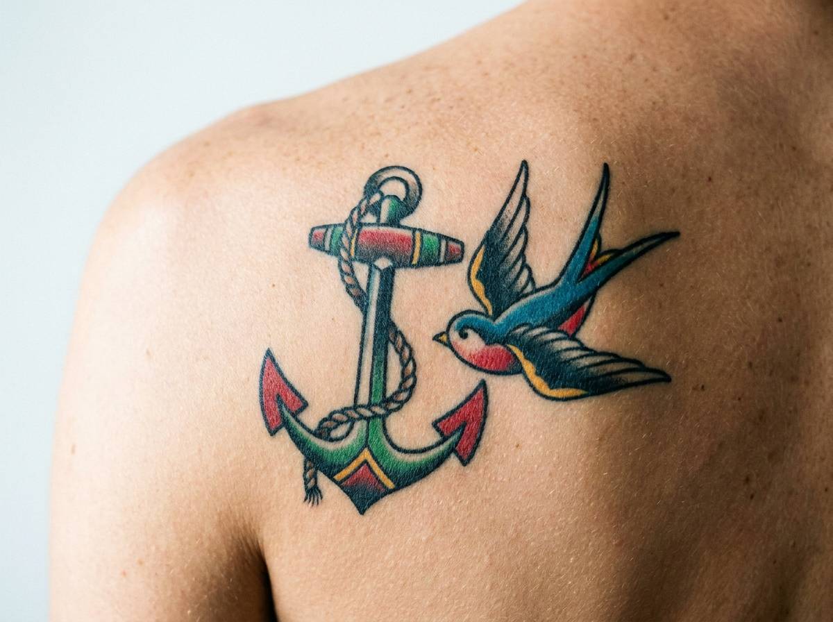 Kotwica z jaskółką na łopatce, symbol bezpiecznego powrotu do domu.