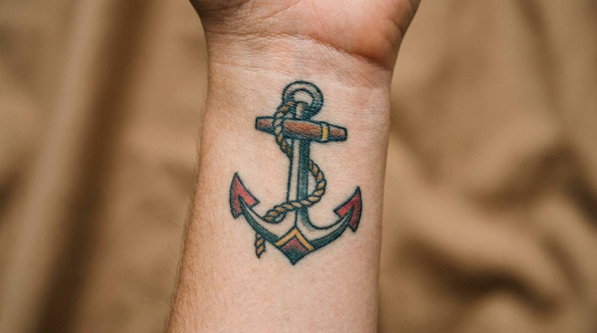 Kotwica z liną owiniętą wokół trzonu na nadgarstku, symbol trwałej więzi i wierności.
