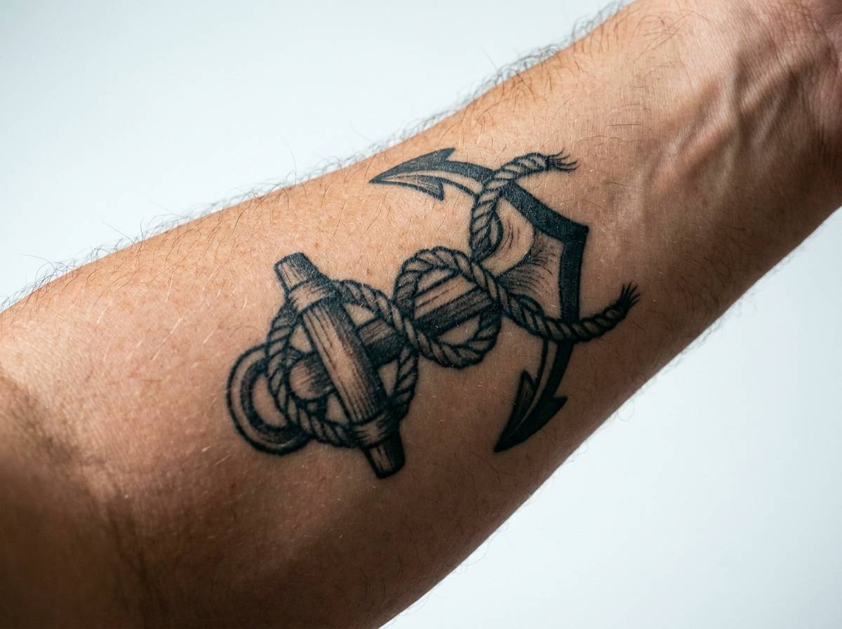 Kotwica z liną owiniętą wokół trzonu na przedramieniu, symbol trwałej więzi.