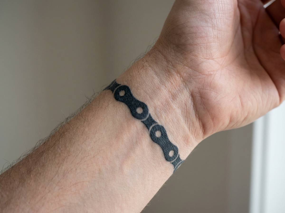 Łańcuch roweru w technice blackworku wytatuowany na nadgarstku
