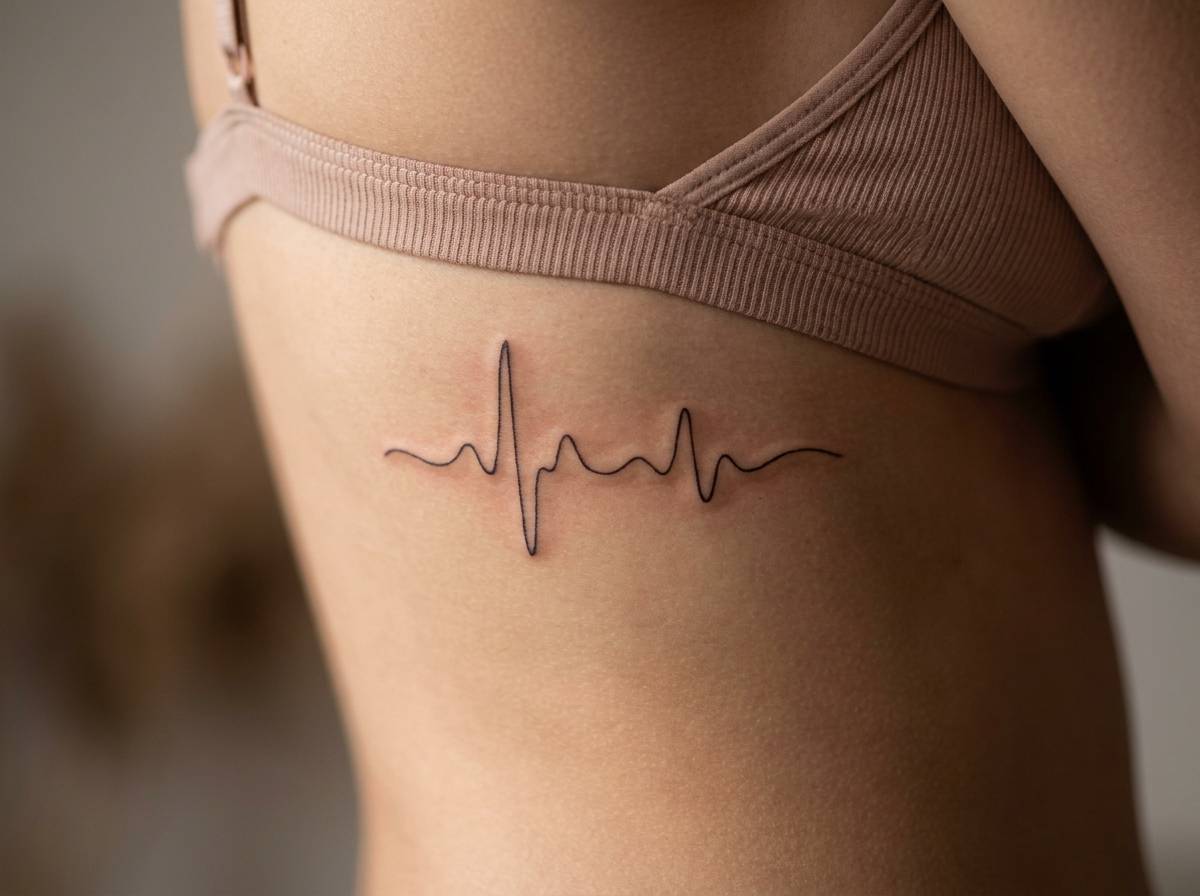 Falisty wariant tatuażu linia życia przypominający zapis EKG na żebrach