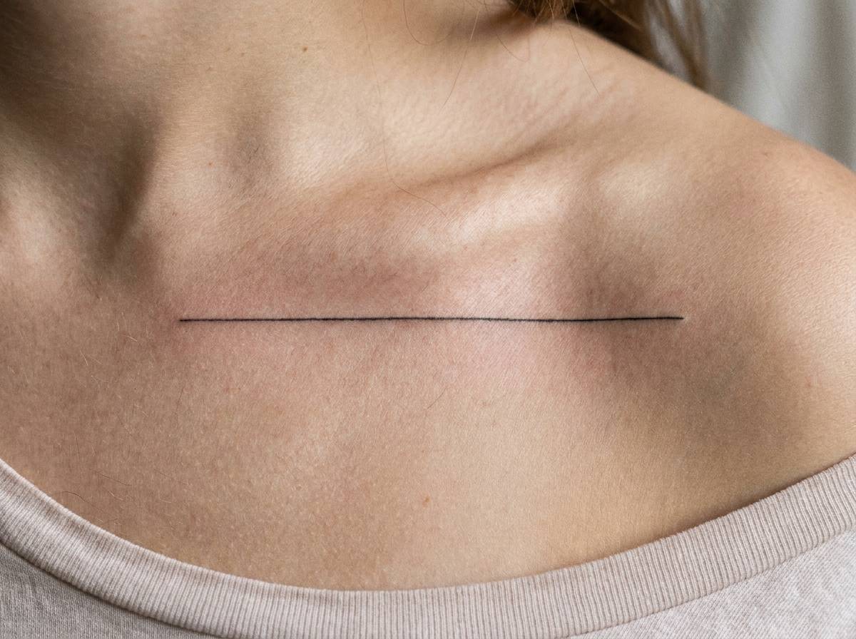 Minimalistyczny tatuaż linia życia jako pojedyncza kreska na obojczyku