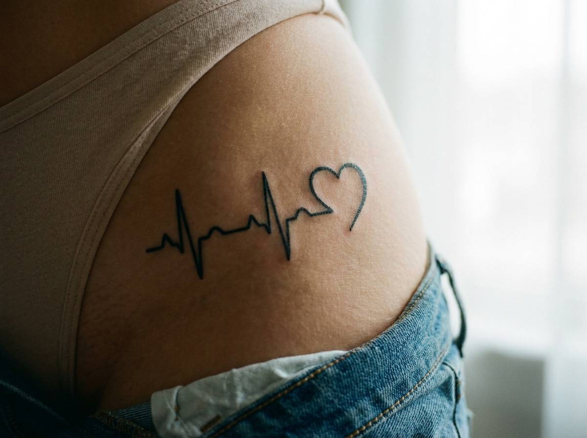 Tatuaż linia życia przechodząca w kształt serca na biodrze