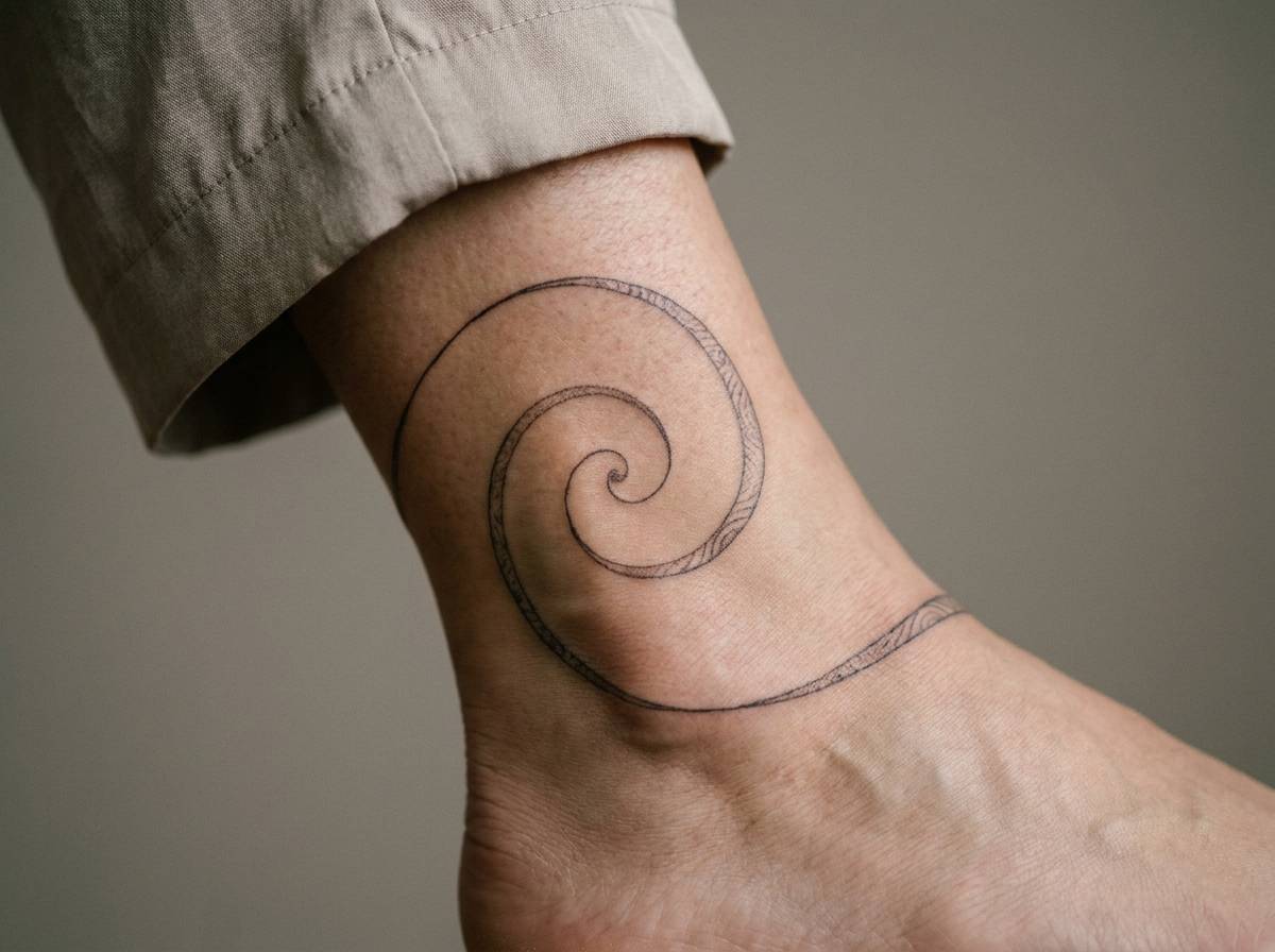 Spiralny tatuaż linia życia symbolizujący cykliczny rozwój na kostce