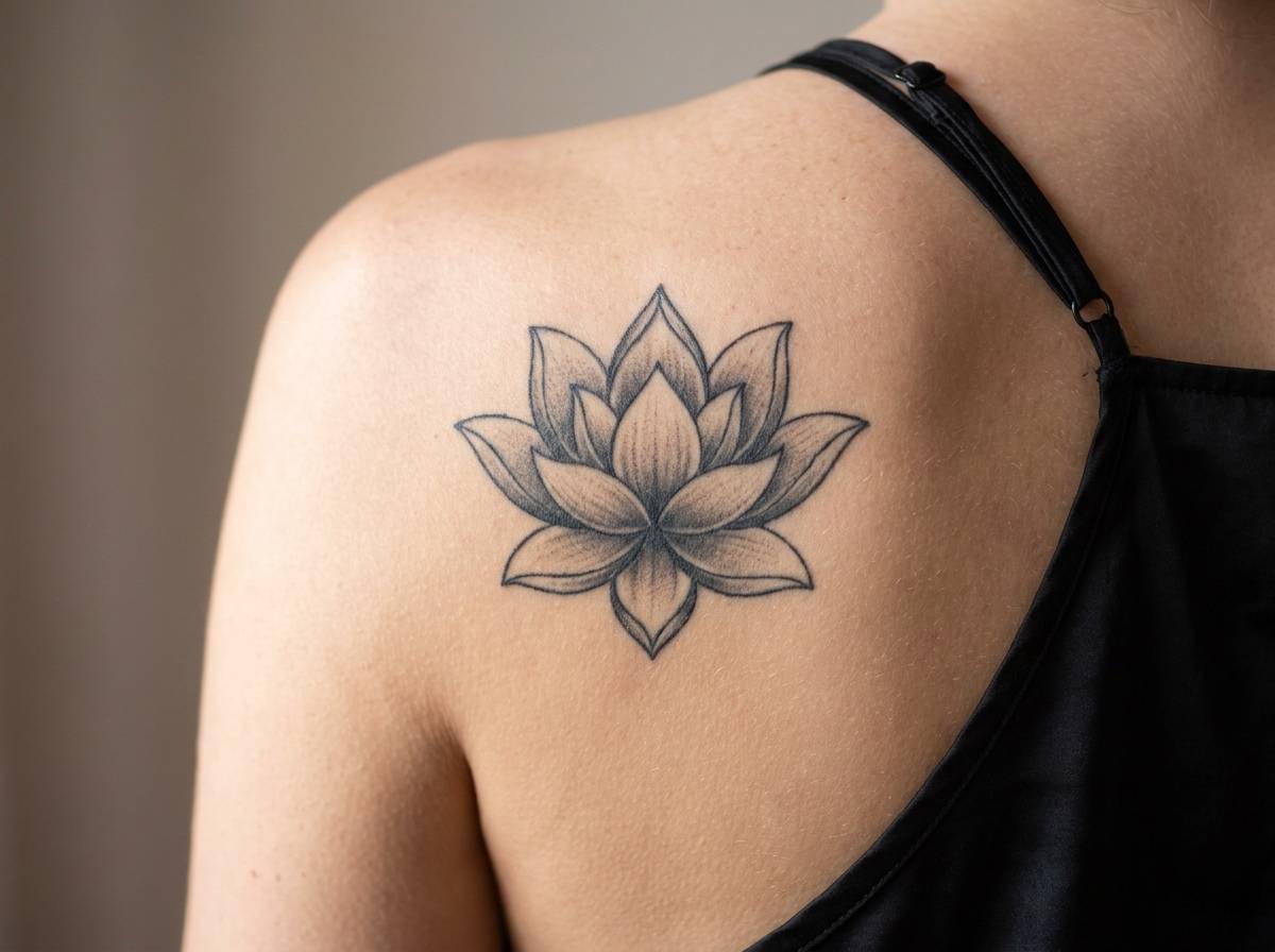 Ośmiopłatkowy lotos wytatuowany na łopatce, symbol duchowego odrodzenia
