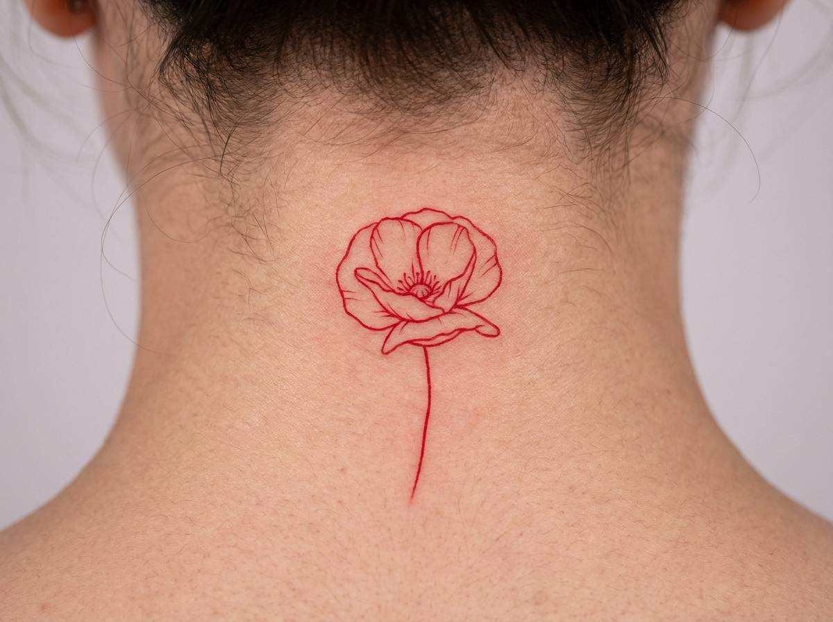 Czerwony mak wytatuowany na karku, symbolizujący pamięć o zmarłych
