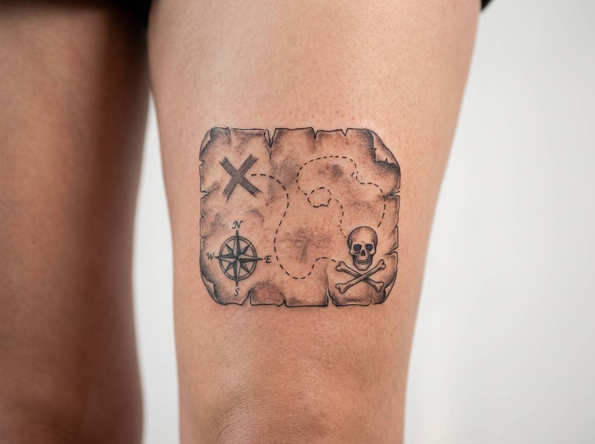 Tatuaż mapy skarbów z punktem X na udzie, w stylistyce pirackiej