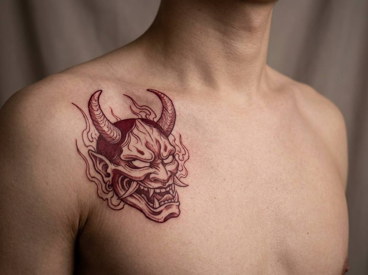 Czerwona maska oni na obojczyku, symbol gniewu i niepowściągniętej siły demona