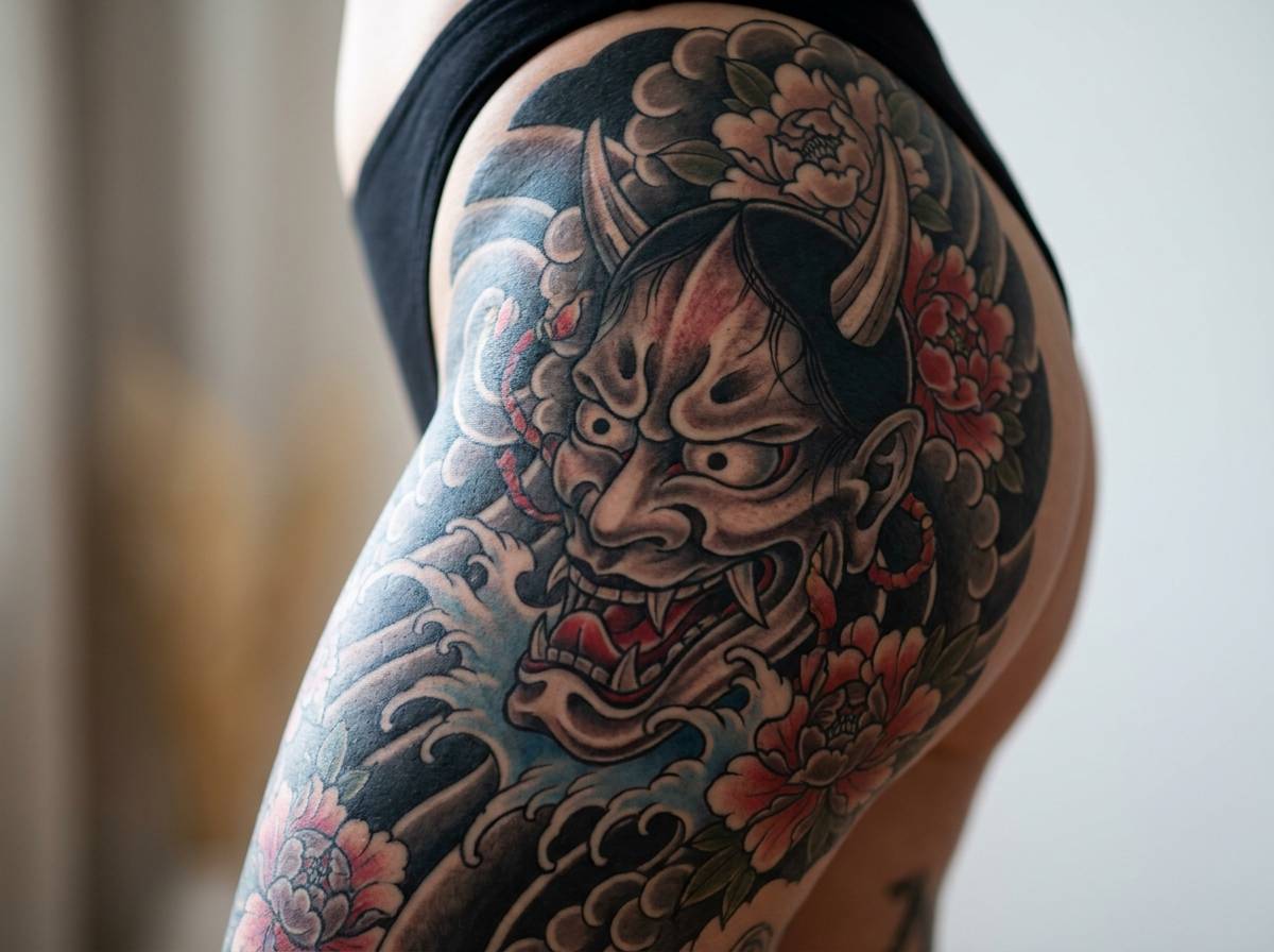 Maska oni na biodrze w kompozycji irezumi z falami i piwoniami, symbol odwagi i siły