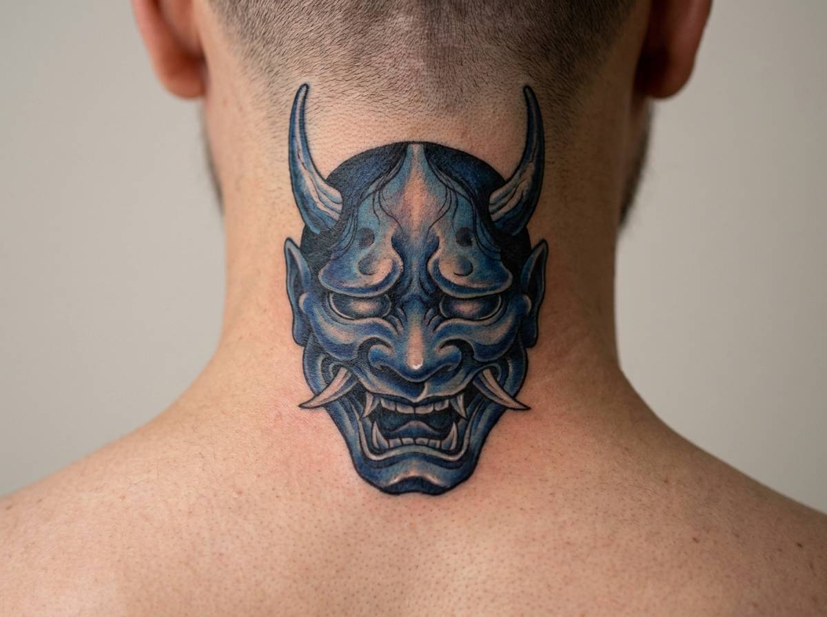 Niebieska maska oni na karku, symbol skrytej i podstępnej złości demona