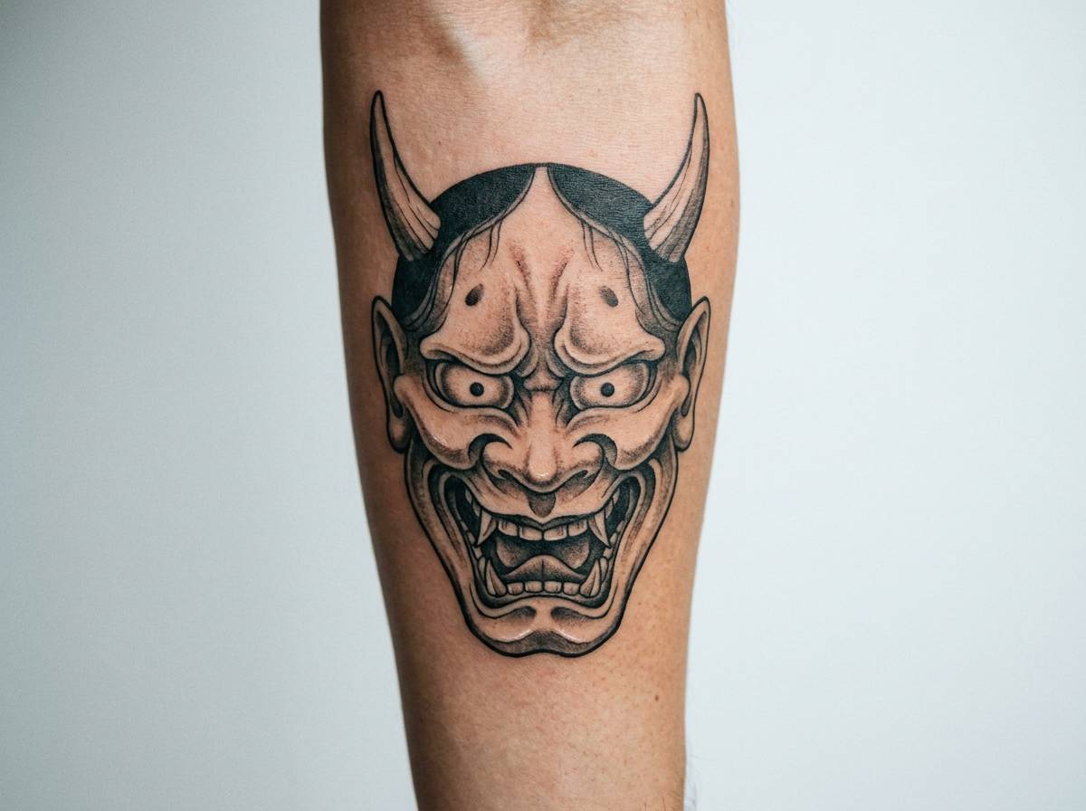 Maska oni wytatuowana na przedramieniu, demoniczne oblicze o groźnym, strażniczym wyrazie