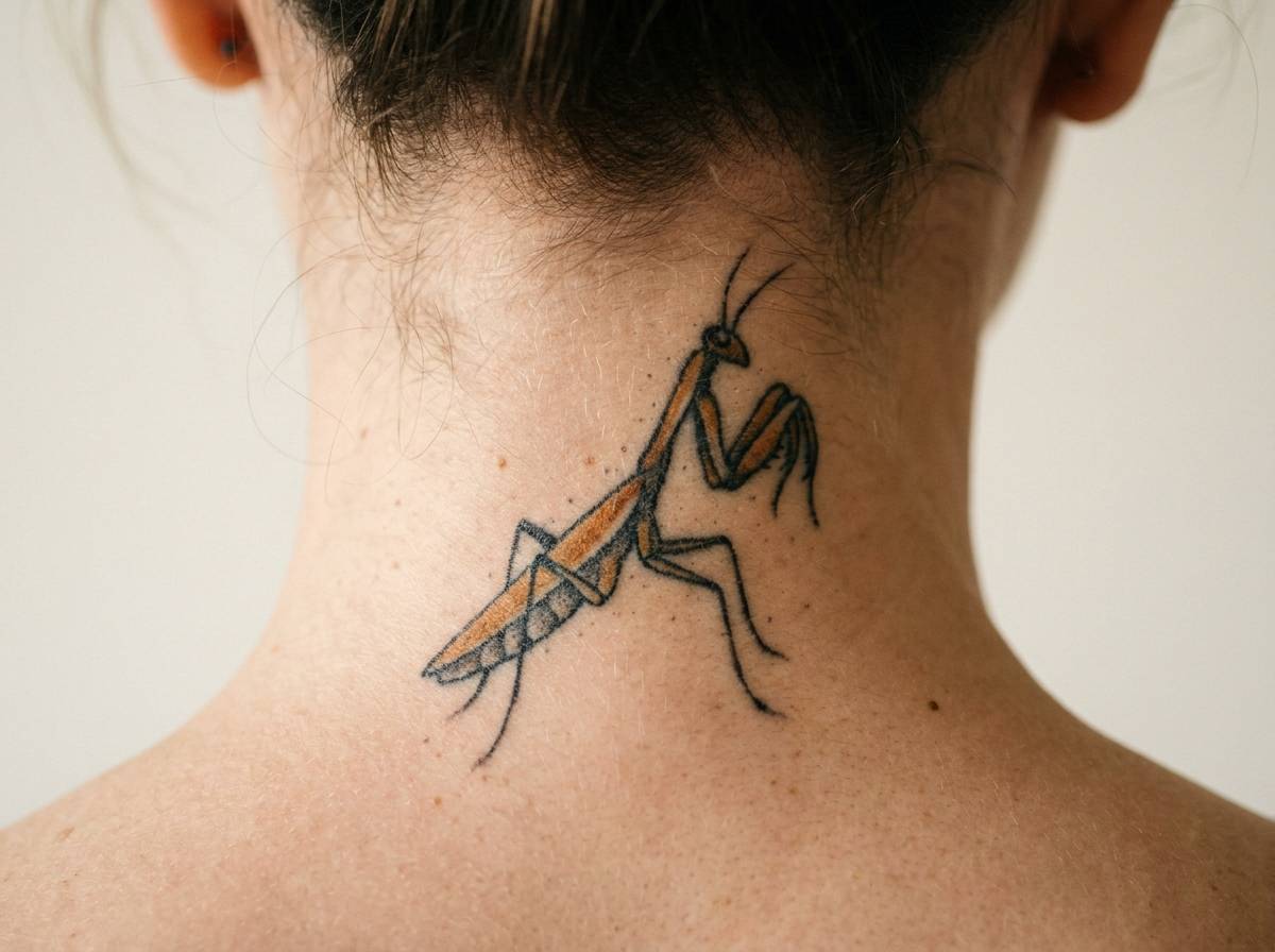 Tatuaż modliszki w stylizacji naskalnej inspirowanej Kaggenem na karku