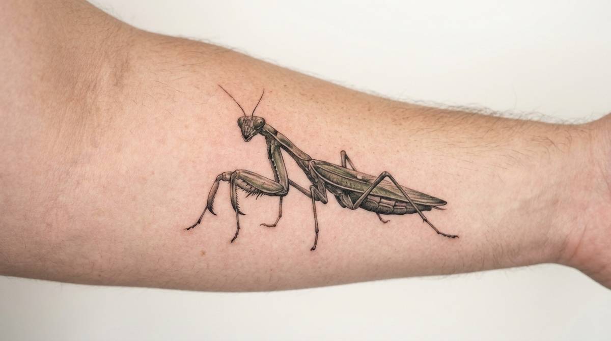 Tatuaż modliszki z przednimi odnóżami ułożonymi jak do modlitwy na przedramieniu