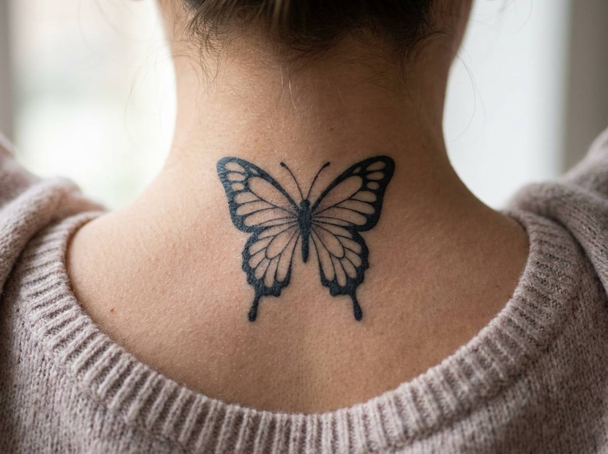 Stylizowany motyl na karku, wzorowany na japońskim herbie rodowym
