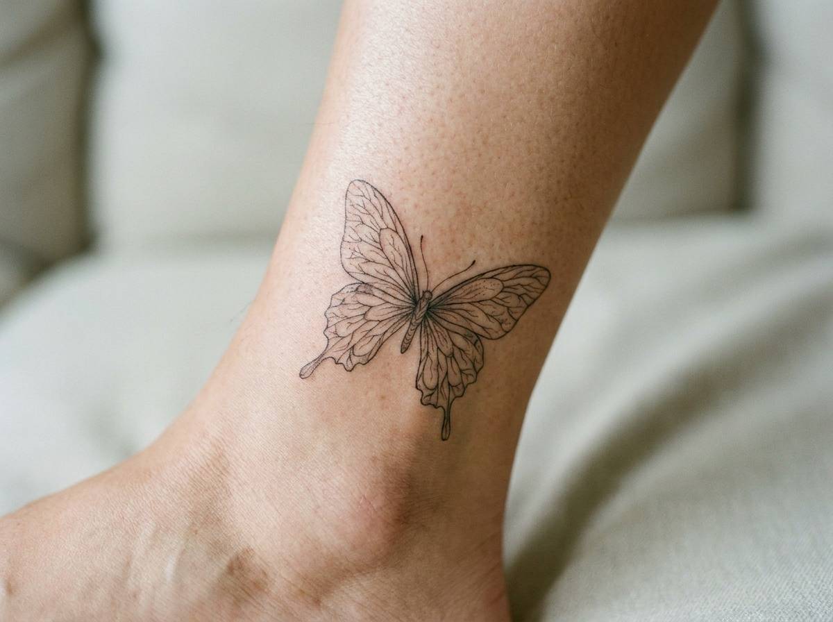 Motyl z delikatnymi skrzydłami wytatuowany na kostce, symbol nadwrażliwości sensorycznej.