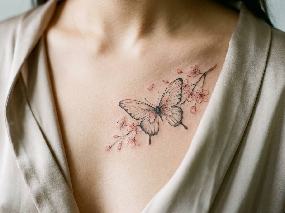 Motyl z kwiatem wiśni na dekolcie, symbol ulotności i piękna chwili