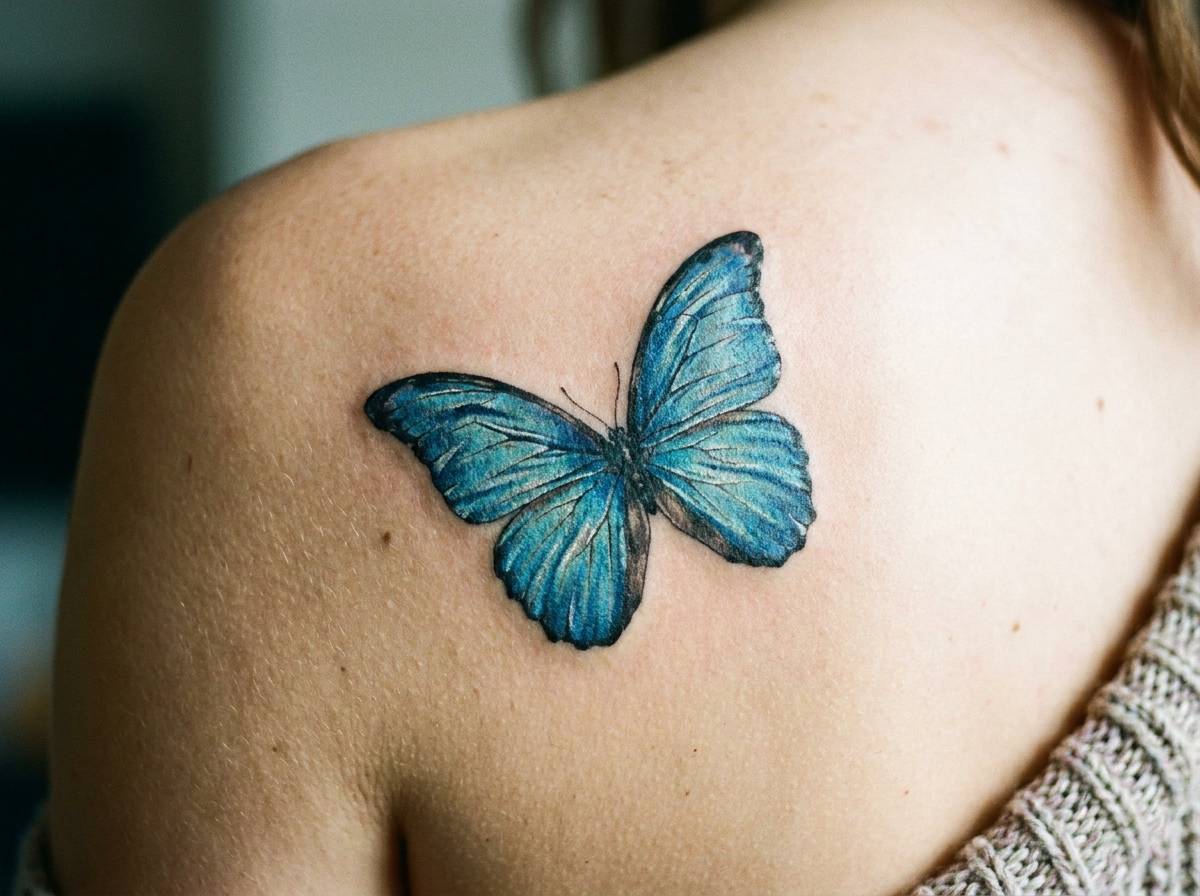 Niebieski motyl na łopatce, symbolizujący rzadkość i wyjątkowość
