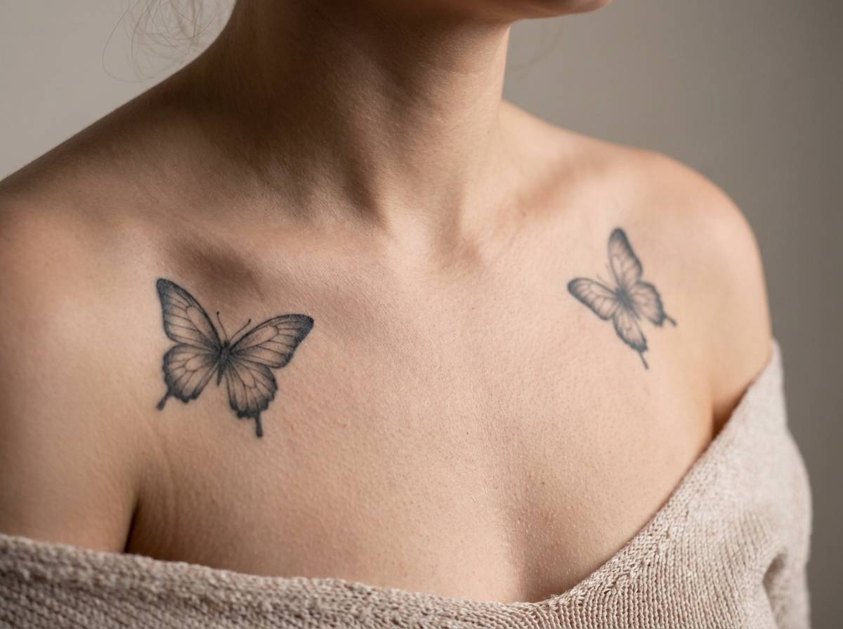 Para motyli wytatuowana na obojczyku, symbol harmonii i wierności małżeńskiej