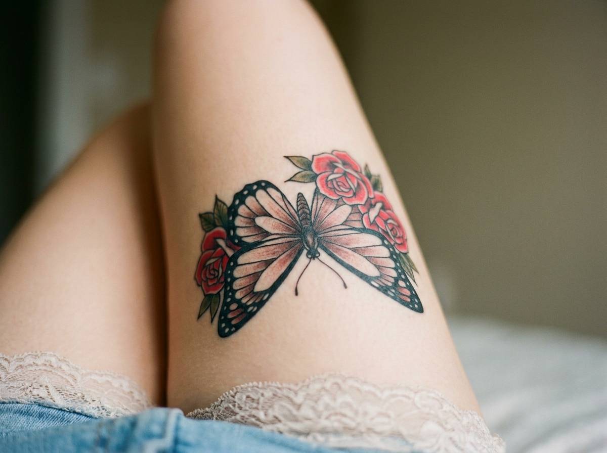 Motyl z czerwoną różą wytatuowany na udzie, symbol miłości i przemiany