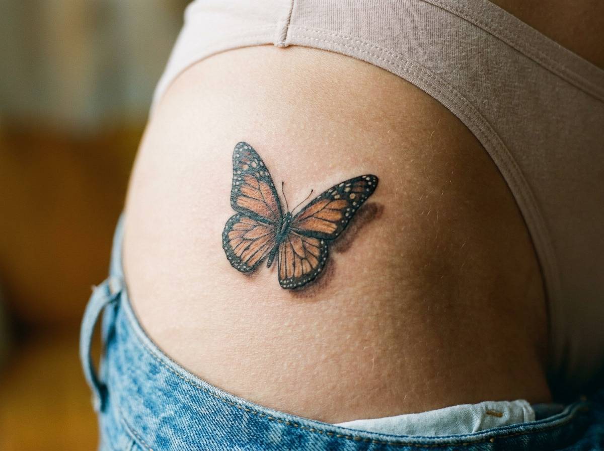 Realistyczny, trójwymiarowy motyl na biodrze z widocznym żyłkowaniem skrzydeł