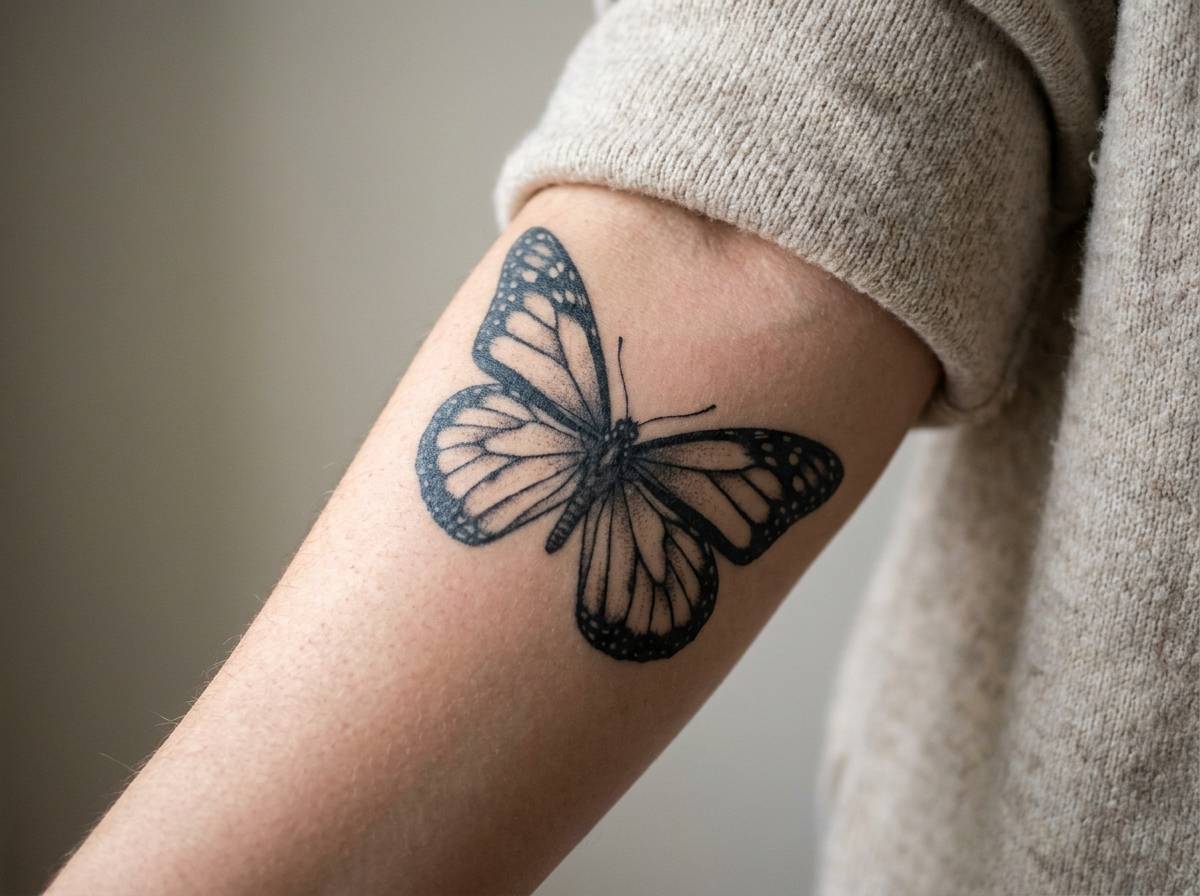 Motyl na przedramieniu, widoczny w każdym geście jako jawny symbol przemiany
