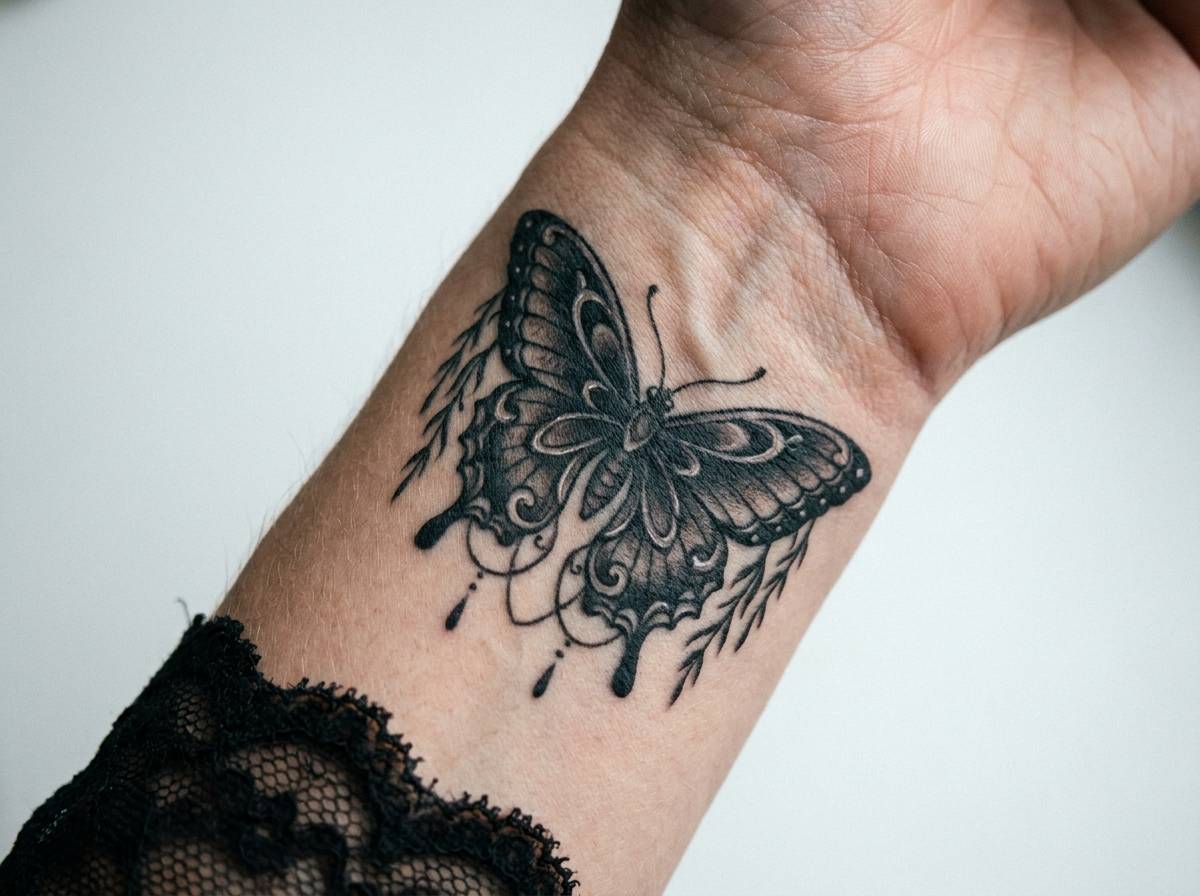Ciemny, ozdobny motyl na nadgarstku w stylu wiktoriańskiej biżuterii żałobnej