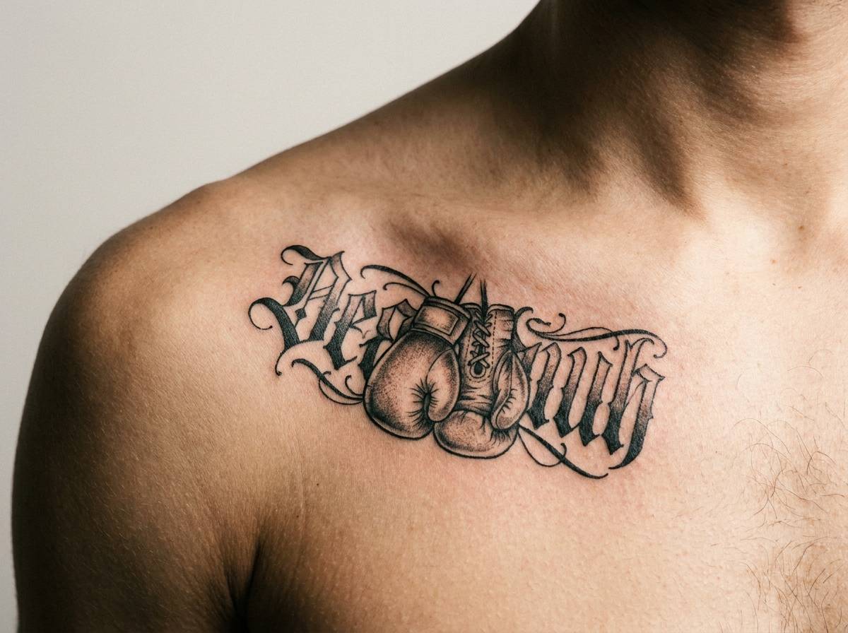 Tatuaż napis motywacyjny w stylu gotyckiego liternictwa na obojczyku.