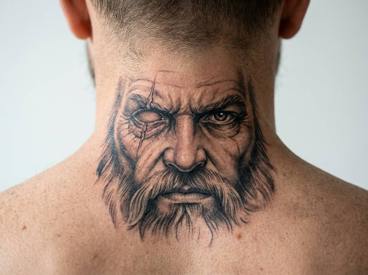 Tatuaż jednookiej twarzy Odyna na karku jako symbol poświęcenia
